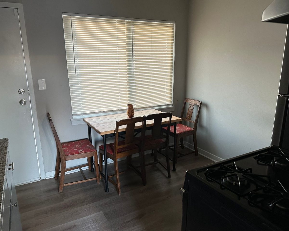 Dining room set facing a window, three red chairs, a small flower pot on the table